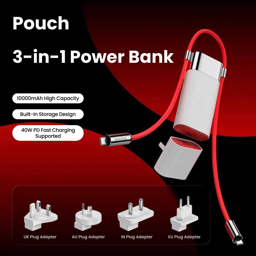 SHARGE 3-in-1 Pouch Power Bank - 10000mAh High Power Portable Mobile Accessory, 40W PD/55W SUPERVOOC Fast Charging, Detachable Travel Charger Plug, Global Adapters, USB-C Ports, Red Cable, Compact Magnetic for iPhone 16/OnePlus/Android Travel Gadgets