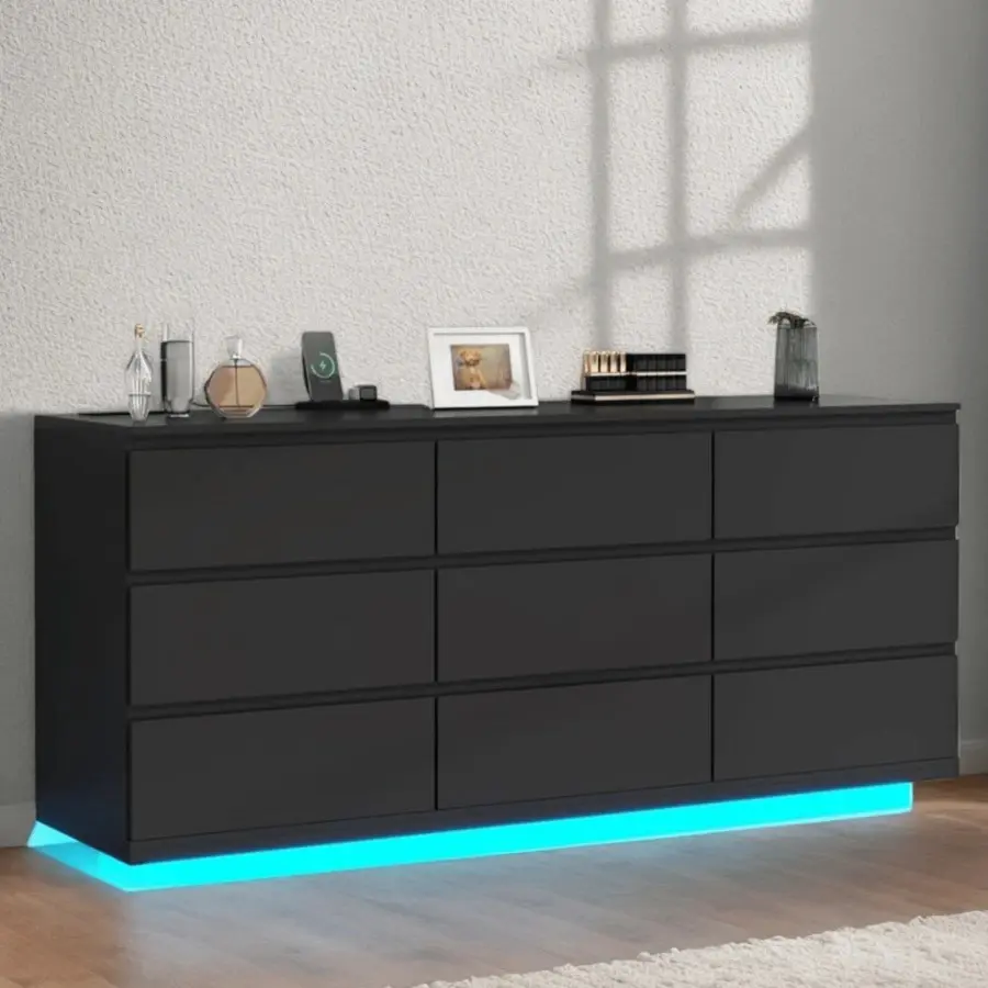 9 Drawer Dresser For Bedroom With Power Outlet And LED Lights, Floating Modern Wide Drawer Chest, Drawer Dresser Organizer For Living Room, Closet And Hallway
