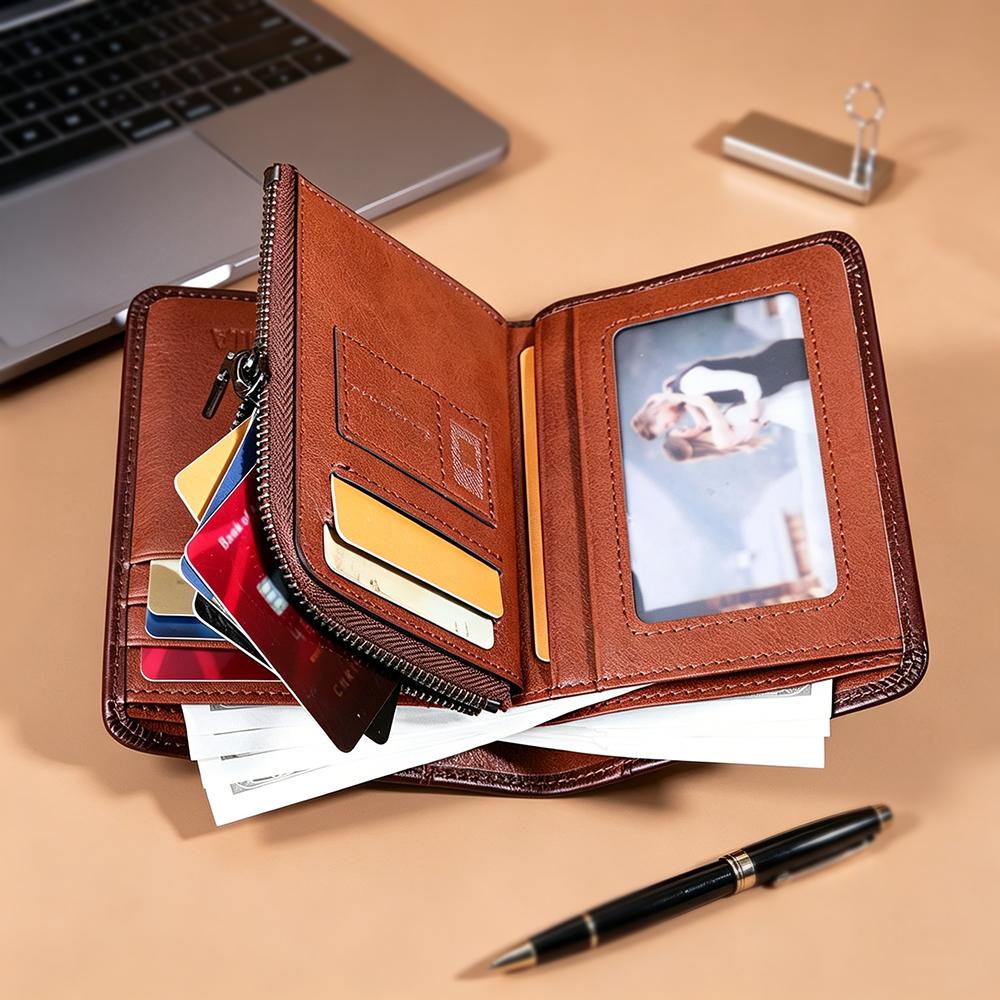 CIEPHIA Men's Genuine Leather RFID Blocking Bifold Wallet, Vintage Multi-Function Card Holder with 2 ID Windows and Zipper Coin Pouch