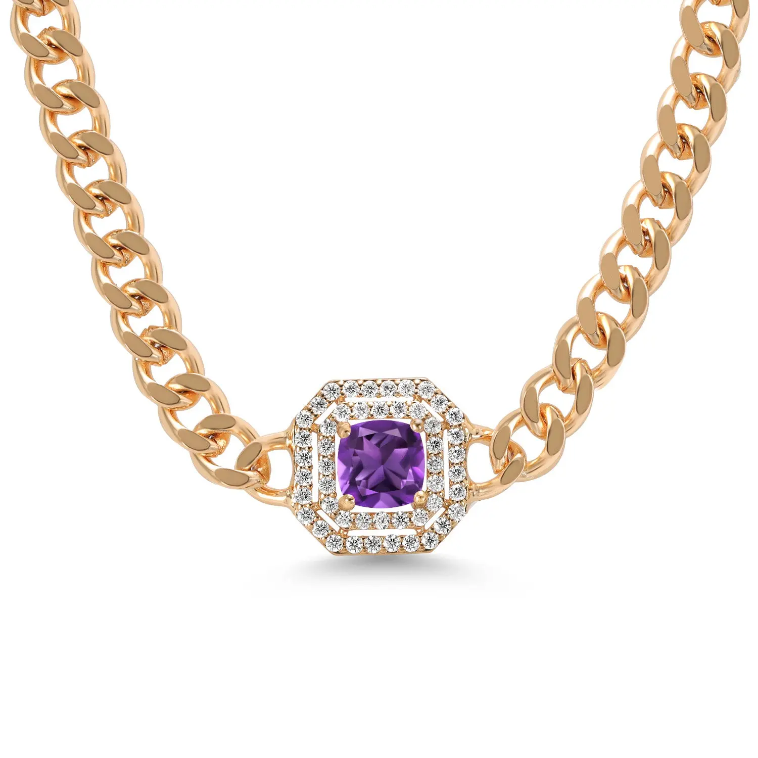 14K Yellow Gold Plated Gemstone Birthstone and White Moissanite Necklace | Cuban Curb Link Chain Pendant Necklace for Women | Cushion 6MM | 16 Inch Chain + 2 Inch Extender