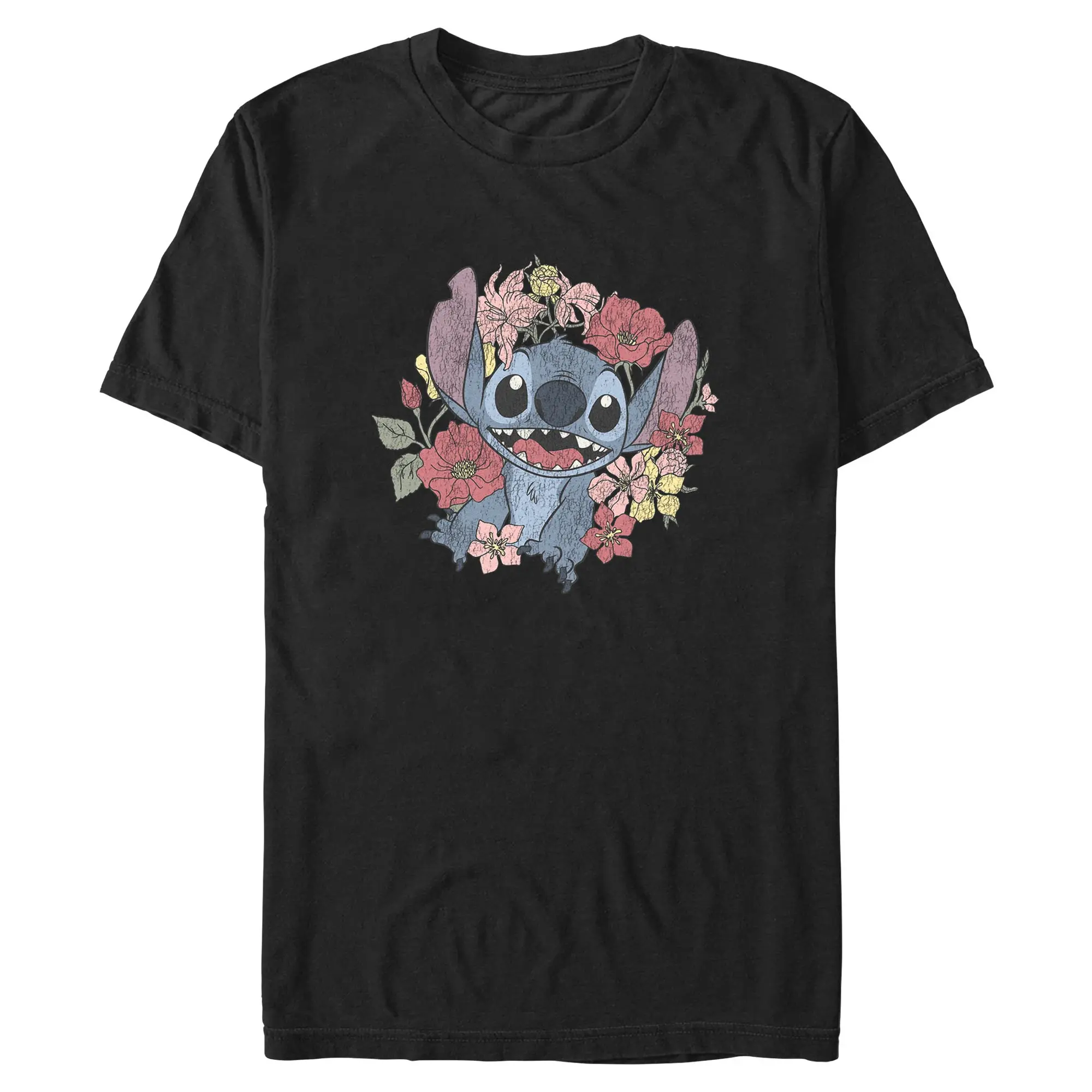 Mens Lilo & Stitch Floral Distressed Stitch T Shirt