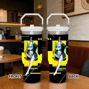 Cyberpunk Edgerunners Vacuum Flasks 30oz Flip Straw White Tumbler with Handle | Leakproof Twist-On Lid Water Bottle | Double Wall Vacuum Insulated Stainless Steel Cup | BPA-Free Reusable Travel Mug for Gym, Work & Daily Use