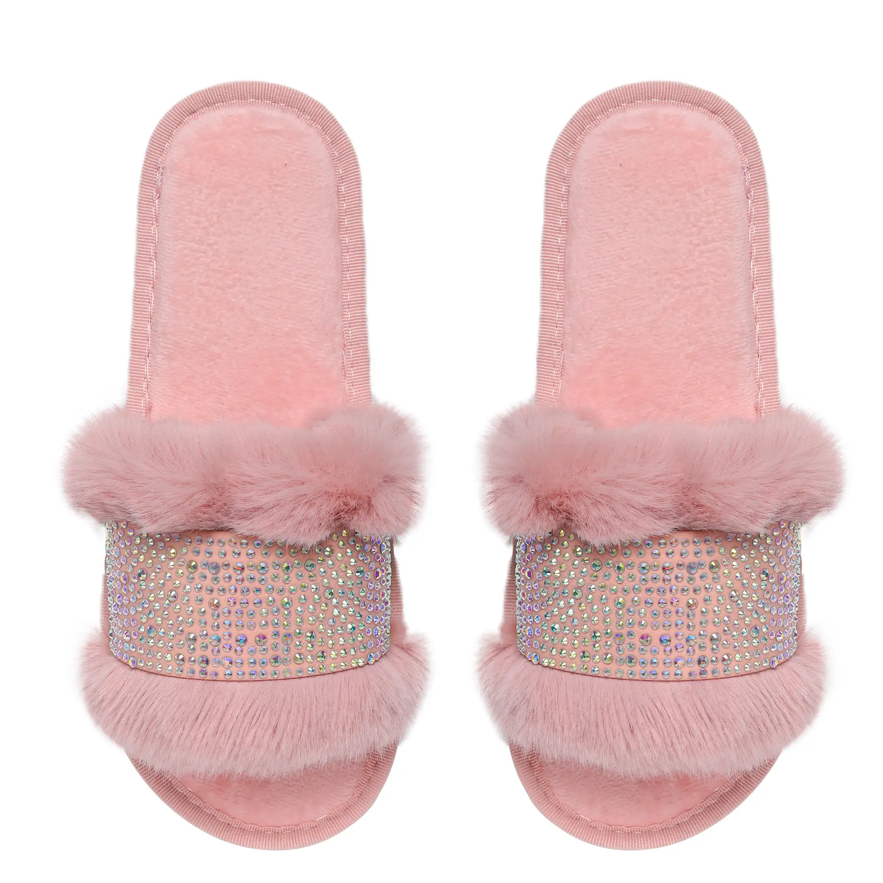 Nina Slipper in Pink with AB Crystals - Soft Pink Furry Design & Sparkling AB Crystal Band Slippers