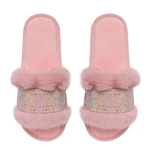 Nina Slipper in Pink with AB Crystals - Soft Pink Furry Design & Sparkling AB Crystal Band Slippers