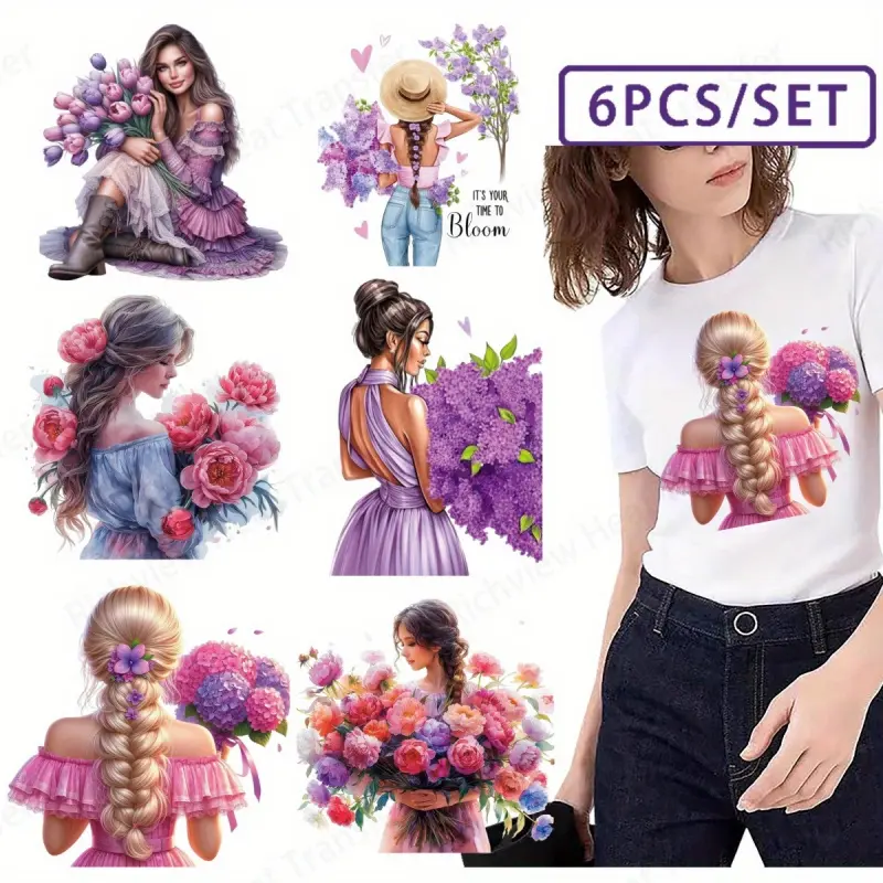 6Pcs Flower Heat Transfer Patches 3D Print DIY Iron on Stickers for T-shirts Washerproof Floral Appliques Fabric Appliques Craft Decoration