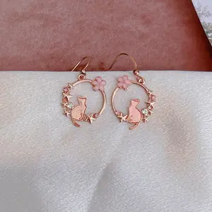 Pink starry cat hook earrings korean earrings flower stars earrings S925 alloy earrings cute kawaii korean earrings