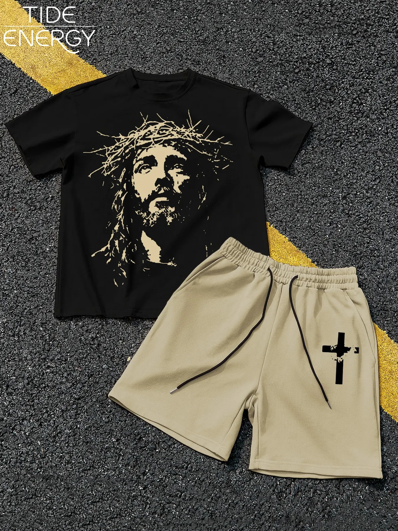 Men's Vintage Christian Theme Set, Jesus Portrait Loose T-Shirt & Cross Print Shorts, Street Style Streetwear Casual for Daily Wear, Menswear Clothes