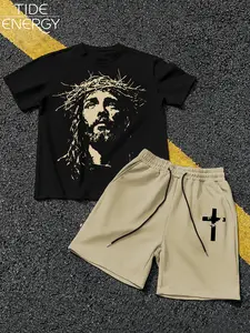Men's Vintage Christian Theme Set, Jesus Portrait Loose T-Shirt & Cross Print Shorts, Street Style Casual for Daily Wear