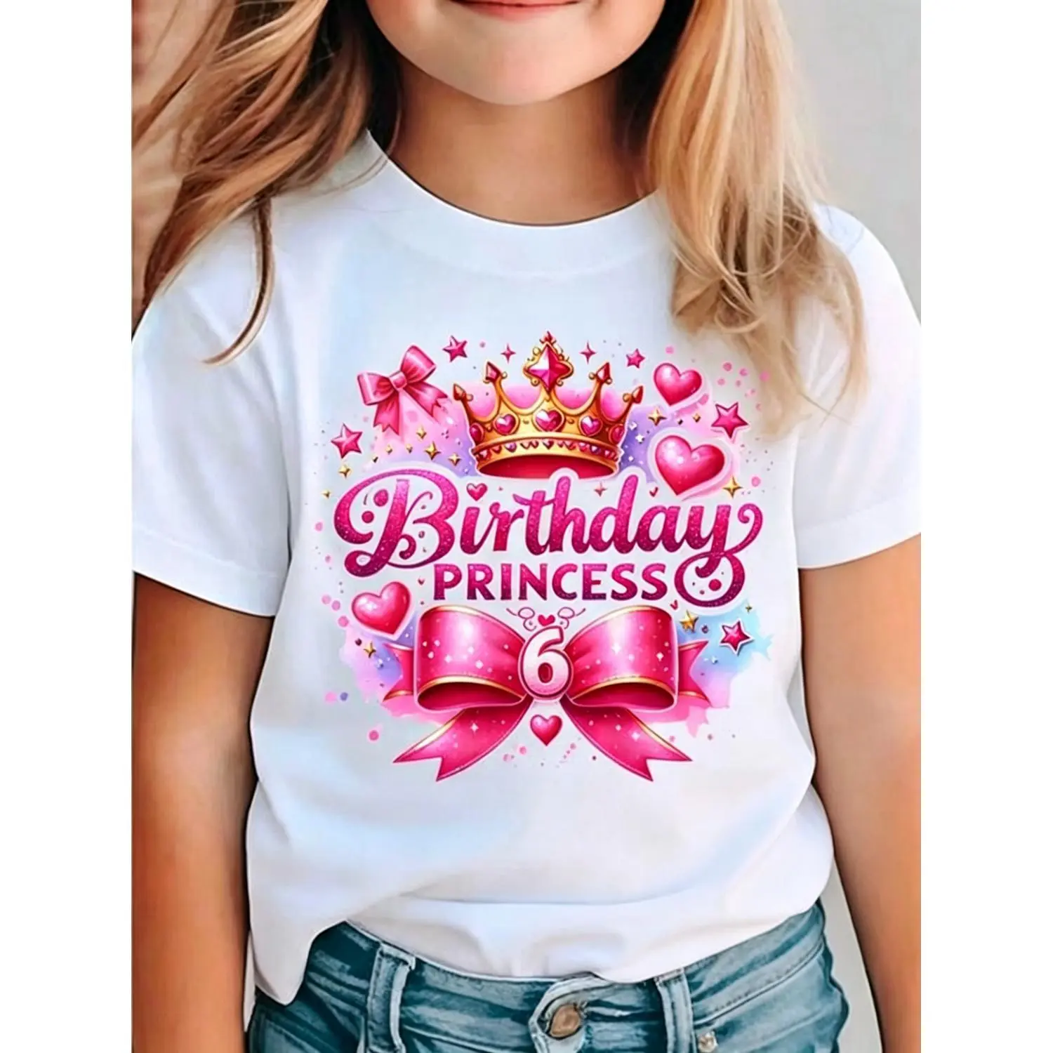 1pc Boys & Girls Birthday Princess Crown & Heart Print T-Shirt - Pink & Purple Sparkling Lettering with Bow Accent, Comfortable Round Neck Short Sleeve Casual Tee for 3-13 Years Old, Birthday Party Outfit & Casual Attire, All-Season