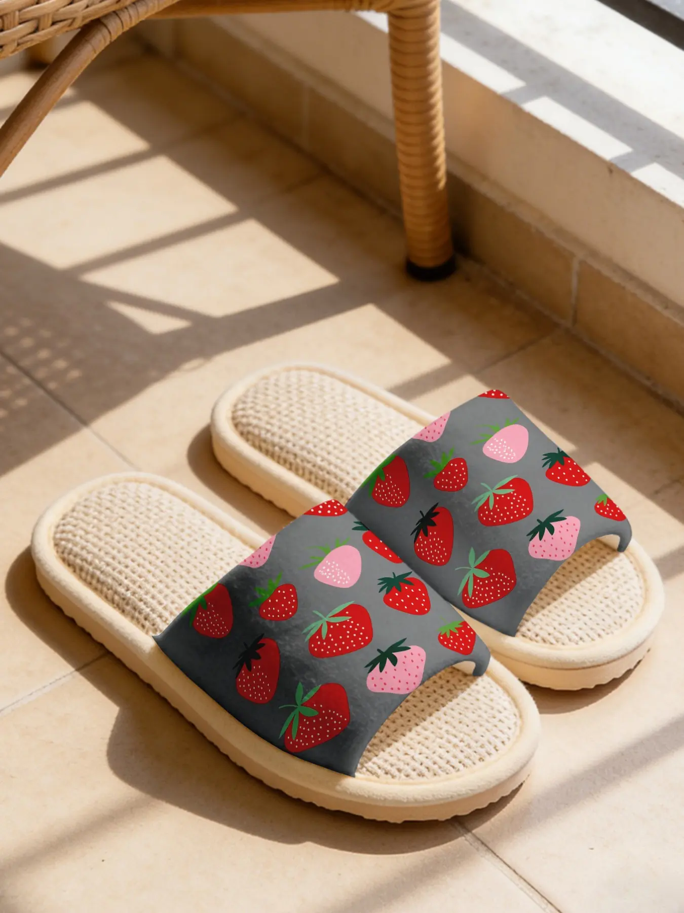 Women's Strawberry Print Linen Slippers, Sweat-Wicking Breathable Eva Sole, Non-Slip Quiet Home Shoes, All-Season Casual Footwear