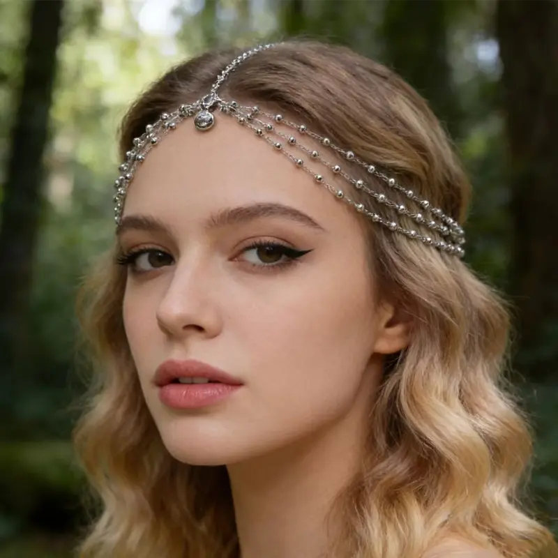 Women's Exotic & Ethnic Multi-Layered Beaded Hair Chain Bohemian Ultra-Ethereal Bridal Forehead Chain for Photo Outfits