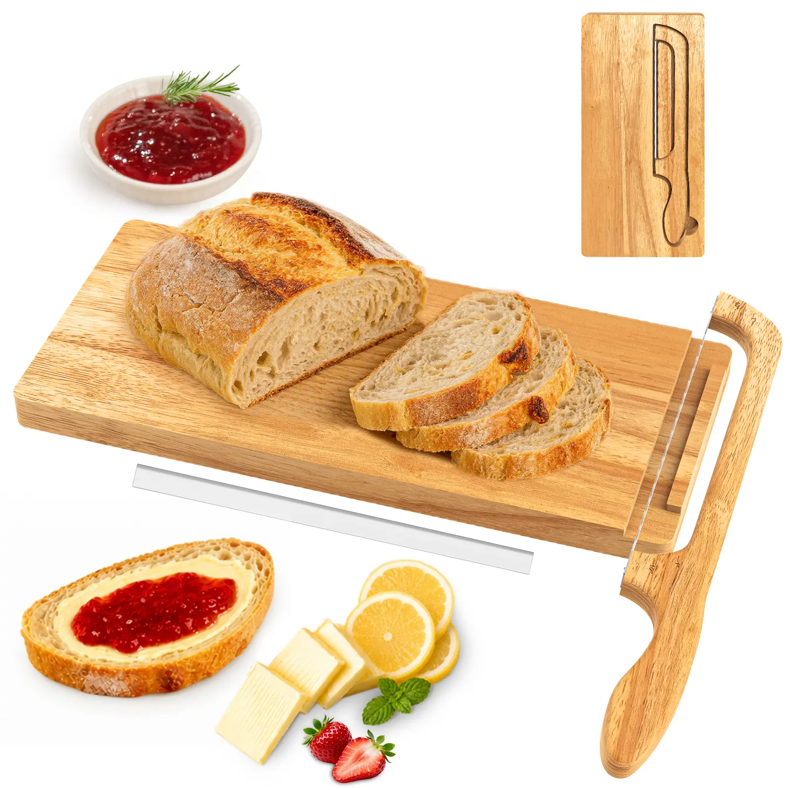 Sourdough Bread Knife Set, Sourdough Bow Knife and Wooden Cutting Board with Magnetic Storage, 100% Solid Wood, Dual-magnet, Guide & Thickness Scale, Right & Left Handed