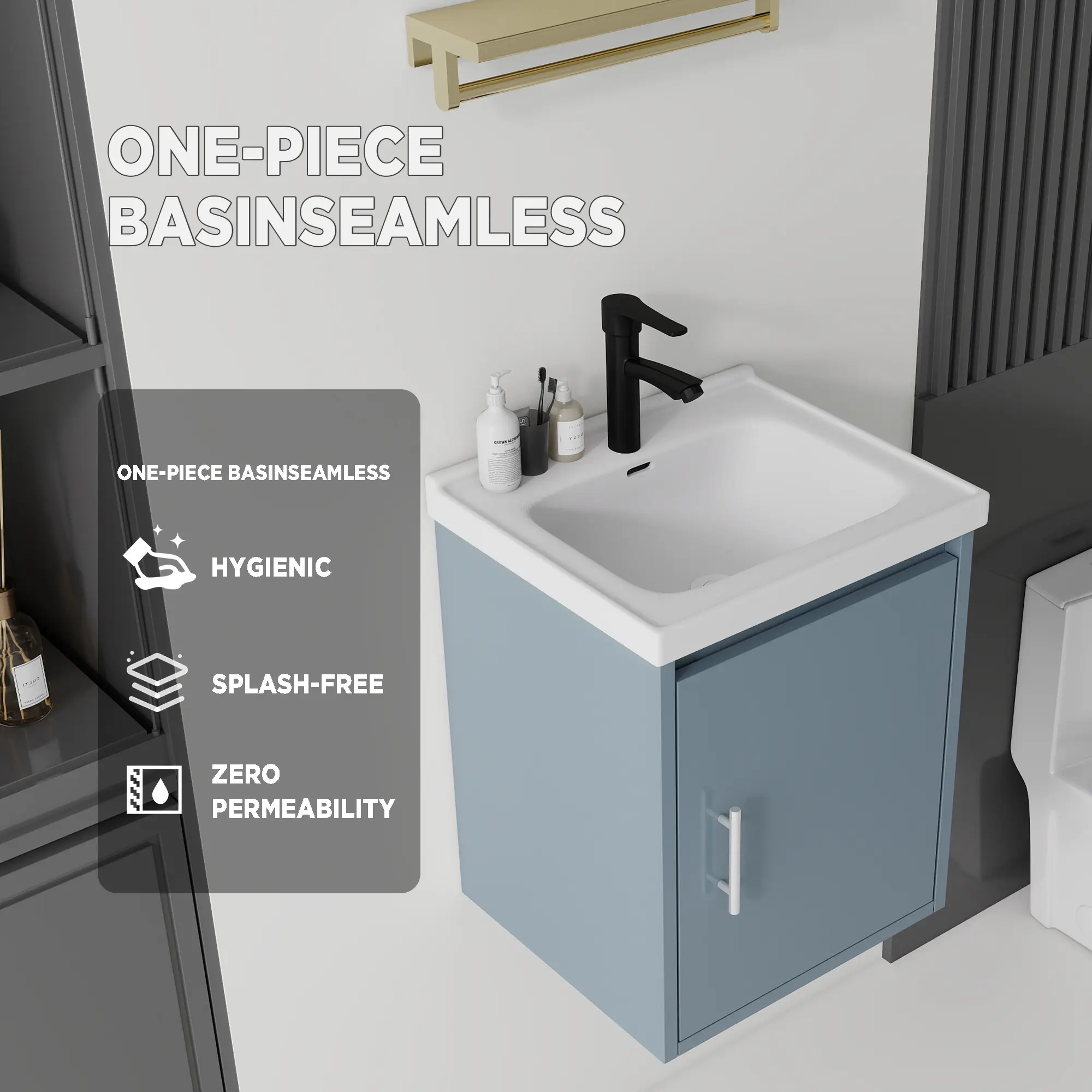 20-Inch SkinBlue Floating Wall-Mount Bathroom Vanity, Eco-Friendly Waterproof Moisture-Proof Plywood Cabinet with Integrated Ceramic Sink, Soft-Close Single Door for Small Powder Rooms, Assembly Required