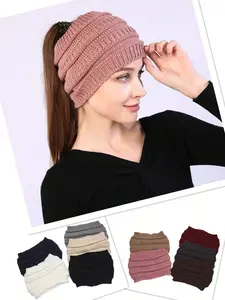 1pc Knit Hat Autumn And Winter Ladies Knitted Headband Widened Face Wash Head Cover Empty Top Ponytail Wool Hat in Multiple Colors