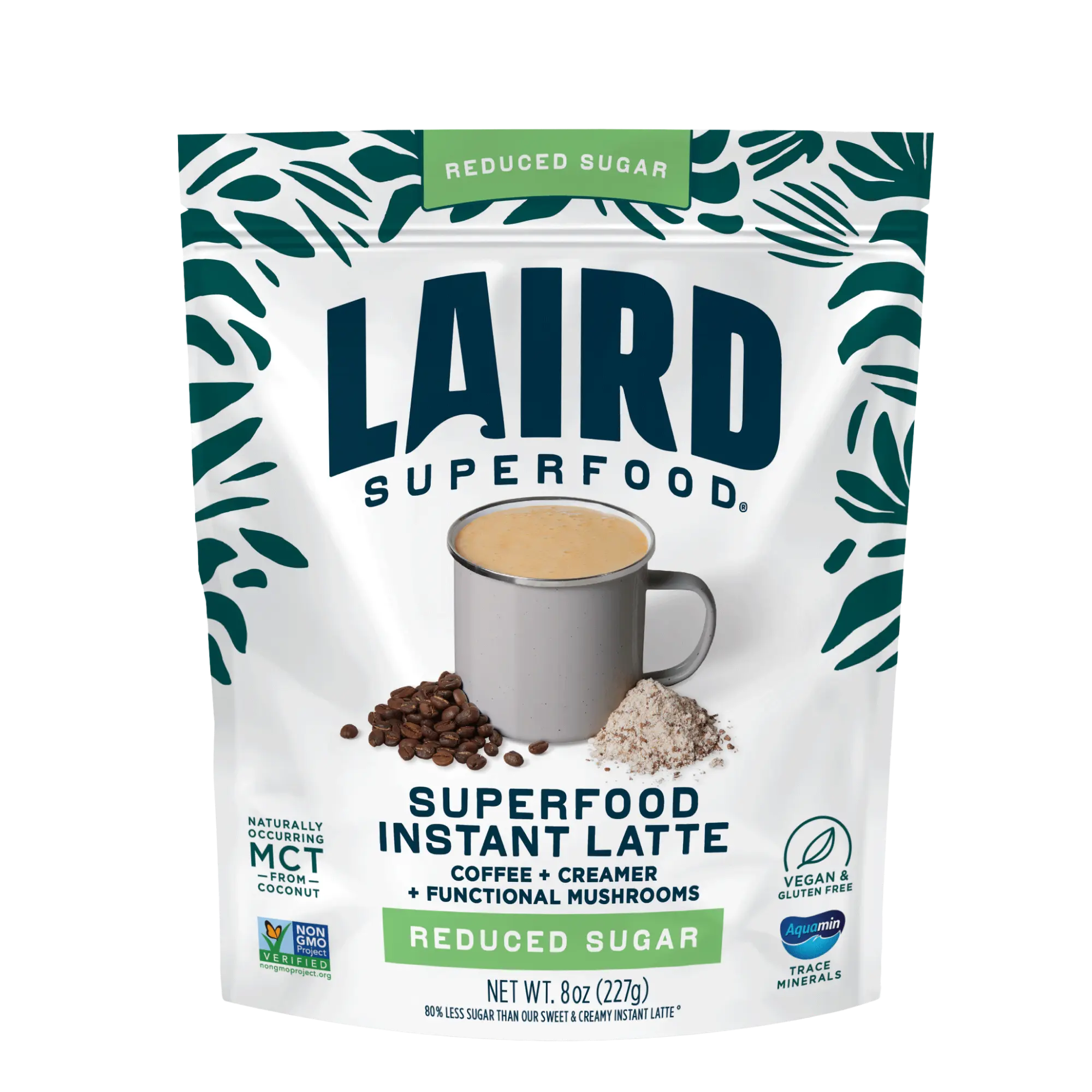 Laird Superfood Reduced Sugar Instant Latte with Adaptogens, Non-GMO Coffee, Creamer & Superfood Creamer, 8 oz (227 g)