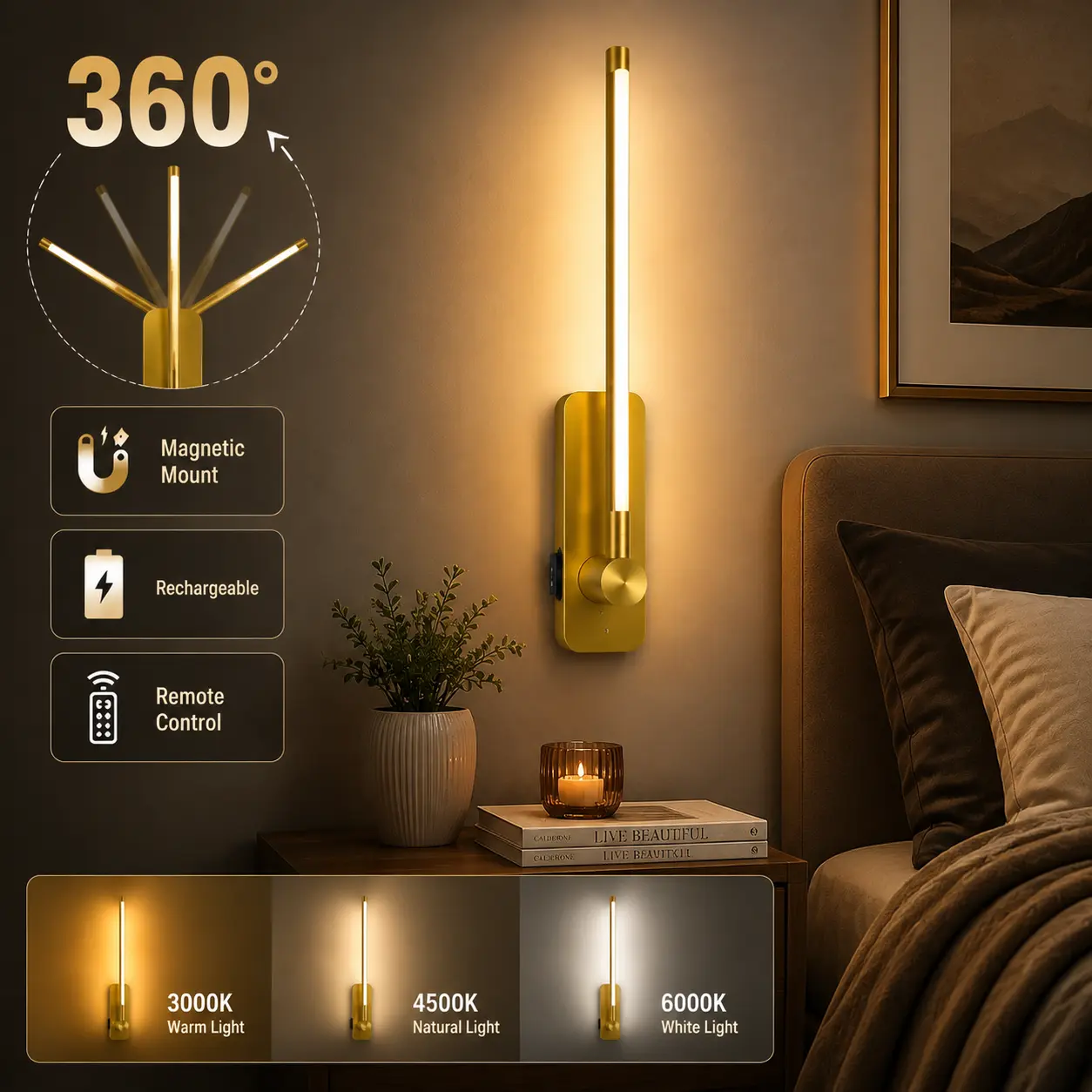 Rechargeable Wireless Wall Sconce Light, 360° Rotatable LED Wall Lamp with Magnetic Mount, Remote Control Dimmable 3 Color Temperatures Gold Wall Light for Bedroom, Bathroom, Hallway & Home Decor