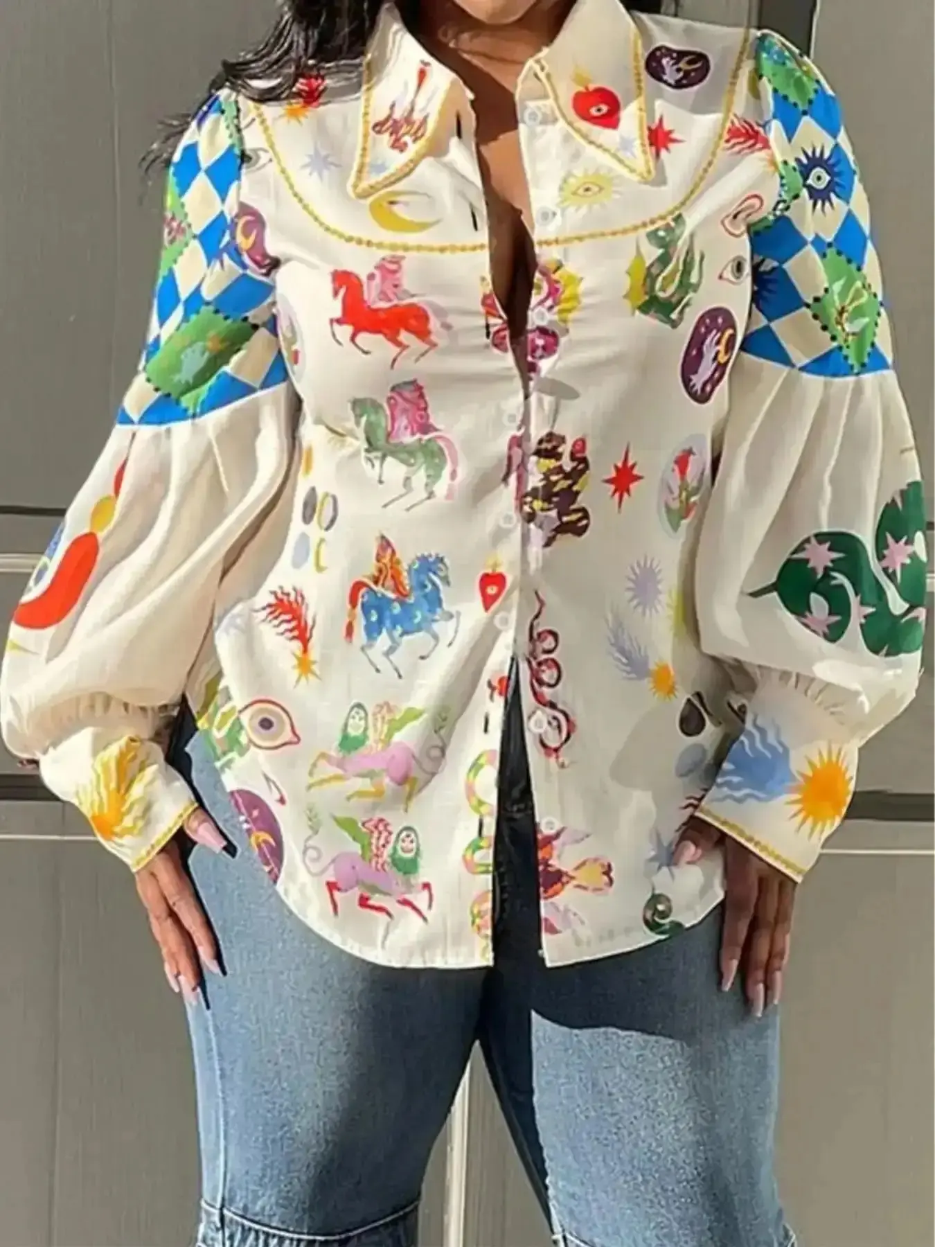 Effortless Galaxy & Animal Print Button Front Woven Aesthetic Shirt, Retro Lantern Long Sleeve Collared Casual Up Blouse Top, Fall Clothing, Going Out Tops, Set for Women, Womenswear, Everyday, Fitted, Fit