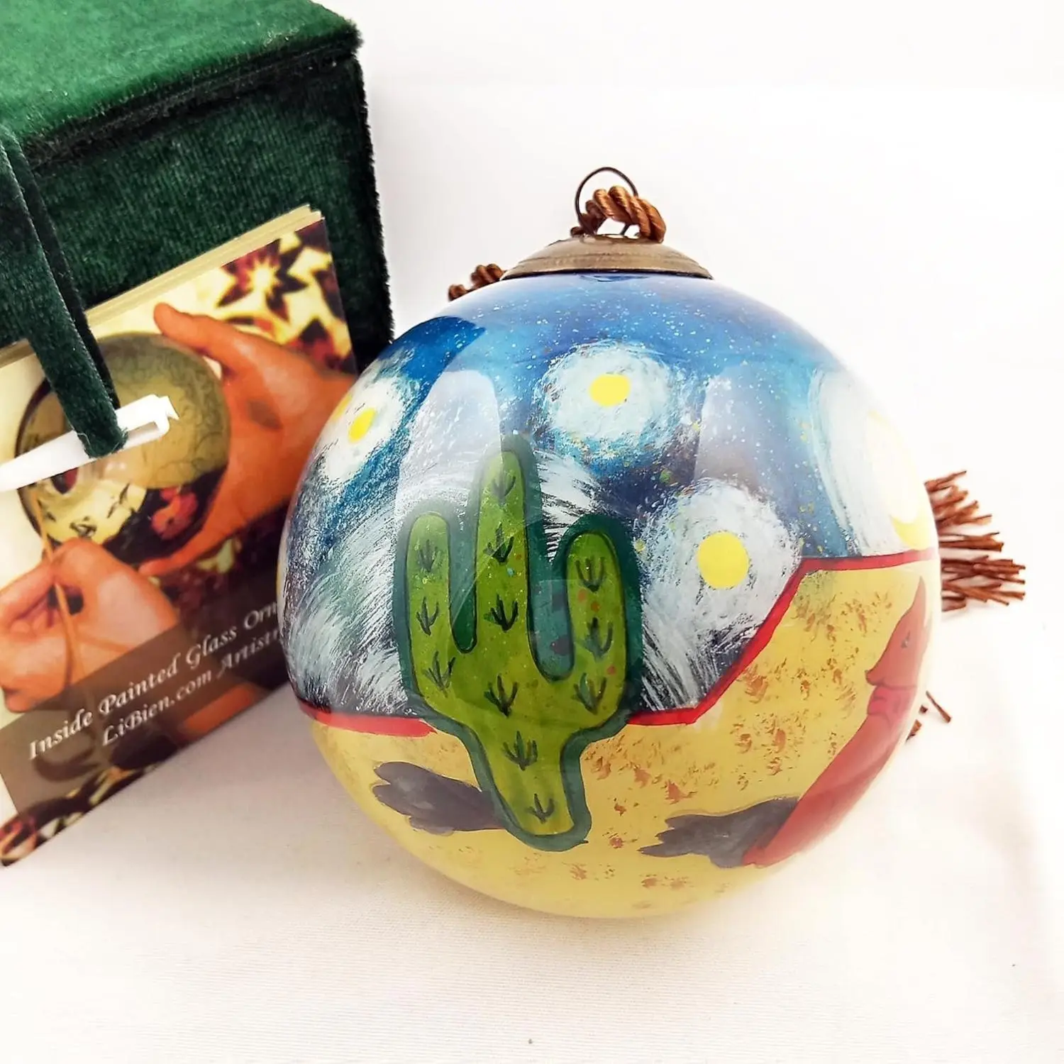 LiBien Cactus & Dog Desert Hand Painted Inside Glass Ornament with Gift Box for Christmas Tree Art Collectible Gift for Art Lover Keepsake 2025 for Holiday Thanksgiving Christmas