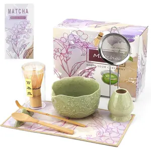 8 Pcs Matcha Whisk Set with Ceramic Japanese Matcha Bowl & Accessories Kit for Traditional Tea Ceremony Home Use & Gifts for Matcha Lovers (Green)