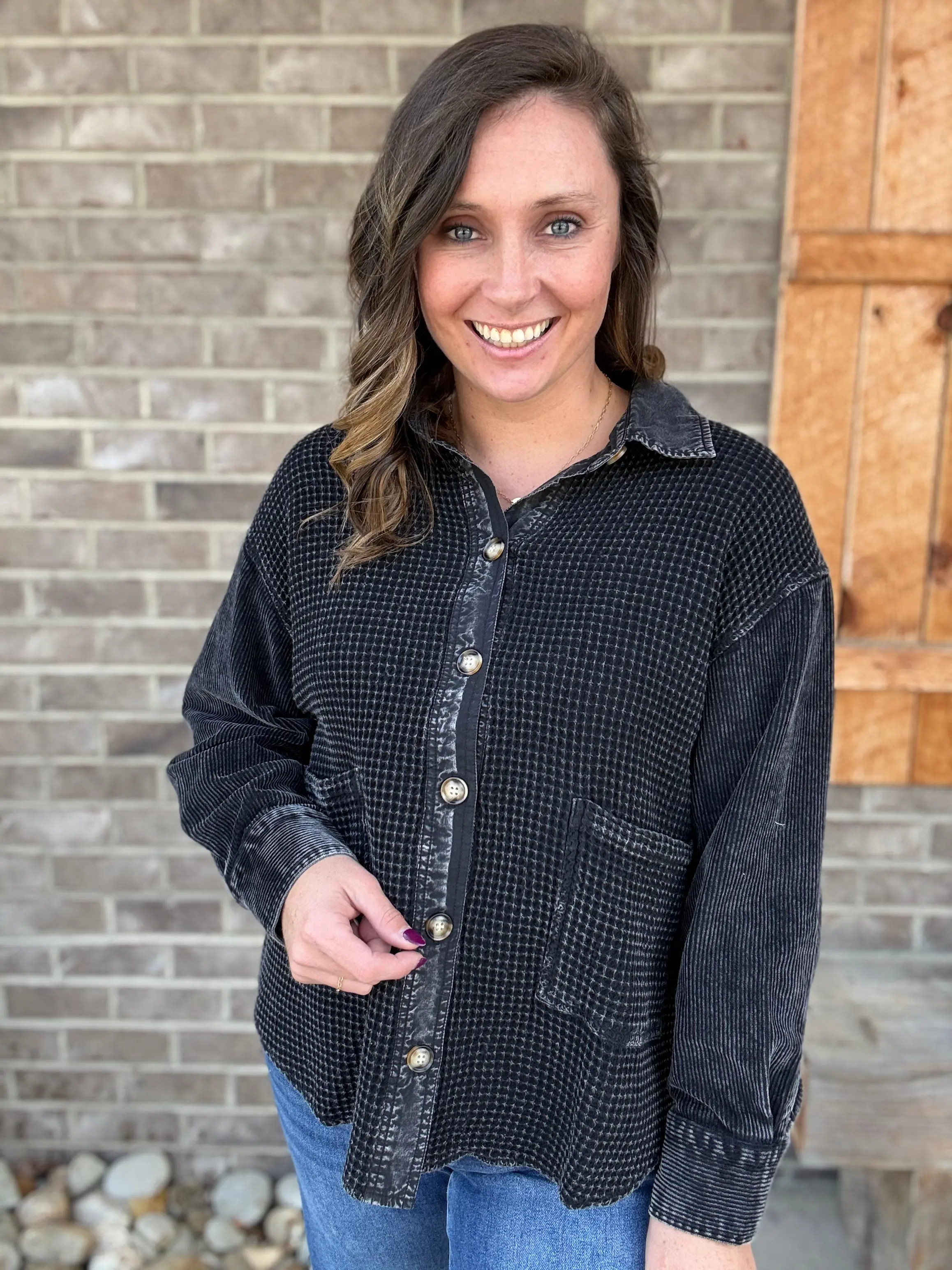 Black Corduroy Mix Thermal Washed Shacket by Easel