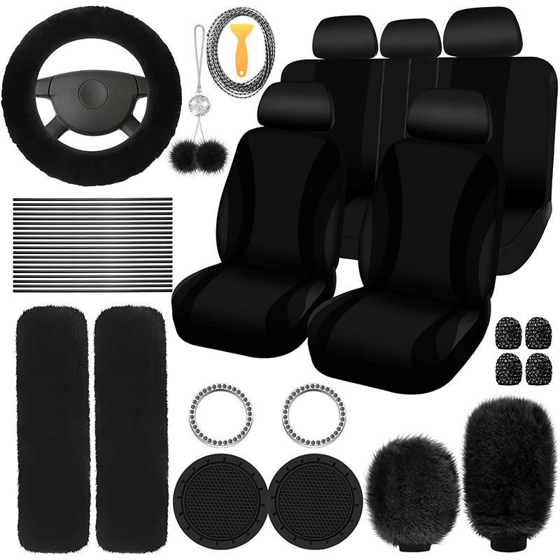 Car Interior Decorative Accessories, Car Seat Decorative Accessories, Universal Plush Steering Wheel Protective Cover Kit, Fashionable Car Interior Seat Set for Women & Men, Cute Car Accessories