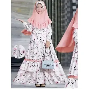 Girls Spring and Autumn Muslim Traditional Ethnic Clothing Set Long Sleeve Floral Dress + Headscarf Two-piece Set