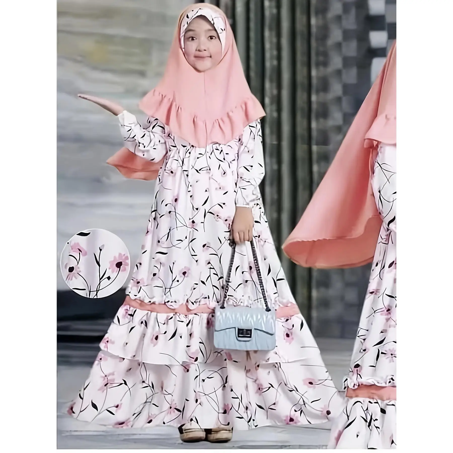 Girls Spring and Autumn Muslim Traditional Ethnic Clothing Set Long Sleeve Floral Dress + Headscarf Two-piece Set Silk Four-Piece Special Occasion Set