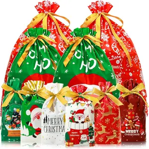 34pcs Christmas Gift Bags Assorted Sizes, Christmas Drawstring Gift Bags Bulk for Holiday Gift Wrapping Xmas Party Favors (8 Patterns & 3Sizes)