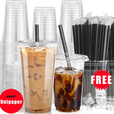 [50 Sets]32oz-10oz Clear Plastic Cups With Lids and Straws, Disposable Cups With Lids for Iced Coffee, Smoothie, Milkshake and Cold Drinks