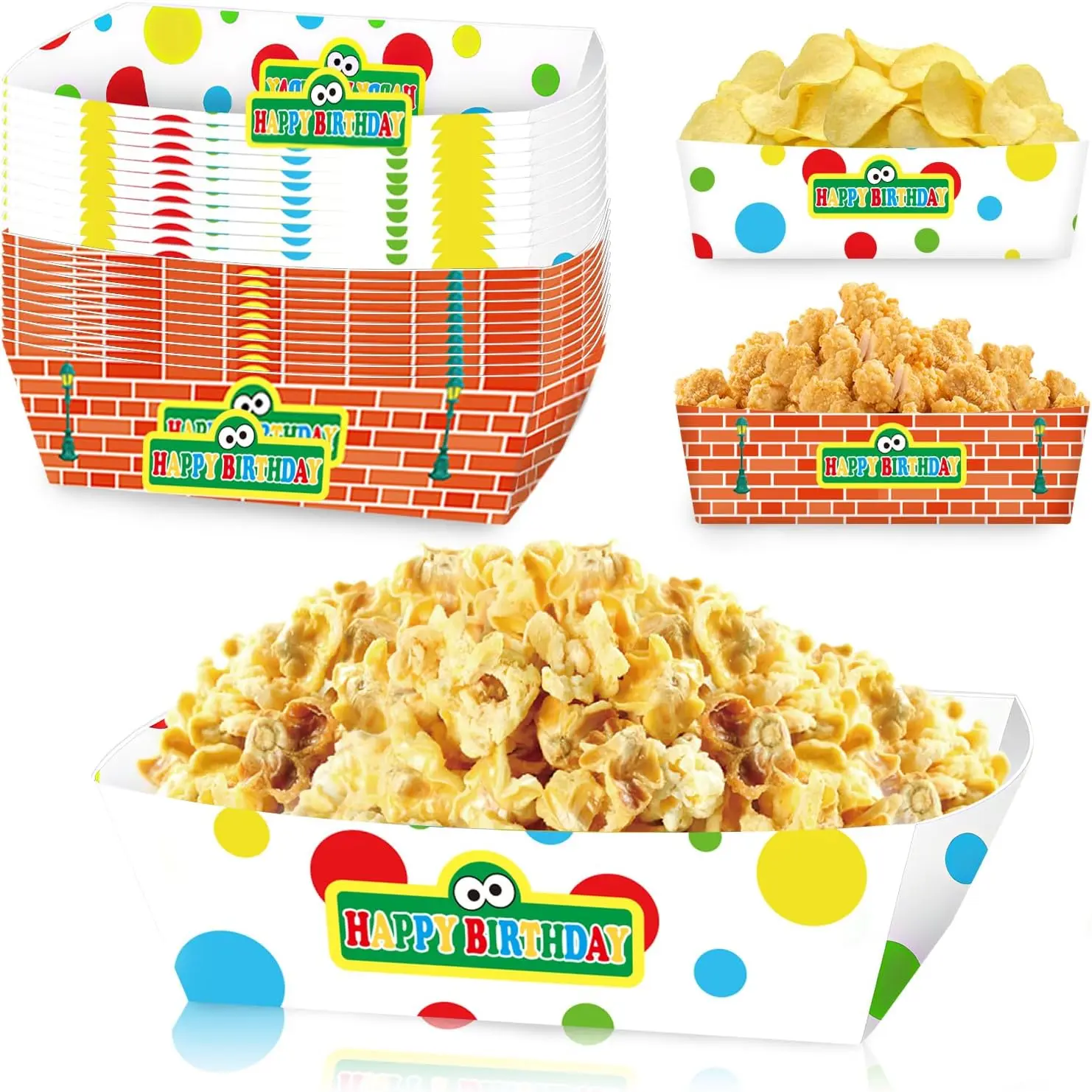 50PCS Cartoon Friends Paper Food Trays – 2.5lb Heavy-Duty Disposable Food Boats, Green Blue Red Nacho Trays for Kids Birthday Party, Cartoon Decorations, Snack Serving Basket Tray
