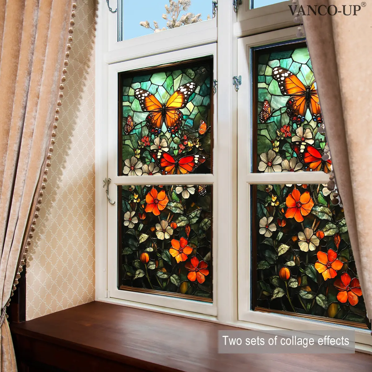 A set (45*100cm) of retro butterfly and flower irregular-shaped window stickers, Decoration Sticker, double-sided visible decorative window decals, stained glass window film, which can be used for home windows, glass doors, electrostatic stickers D20865