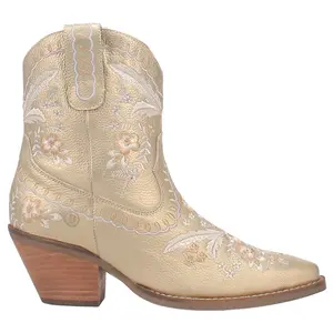 Dingo Womens Primrose Floral Embroidered Metallic Pull On Snip Toe  Casual Boots Ankle Mid Heel 2-3" - Gold