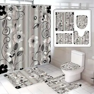 Floral Pattern Bathroom Accessory Set, Includes Shower Curtain, U-Shaped Mat, Rectangular Mat, Toilet Seat Cover, Perfect for Home Decor and Holiday Gifts
