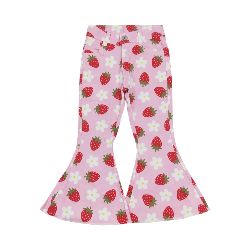 Girls' Wide Leg Denim Jeans - Denim Fabric, Cute Strawberry Print, Adjustable Waist, All Seasons for Toddlers (2T,3T,4T) & Big Kids (10-12T), Wide Legs Jeans, 12-18M, 14-16T, True Size Fit