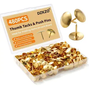 480PCS Gold Thumb Tacks, Flat Push Pins Bulk, Steel Roundness, Needlepoint Tacks for Stretcher Bars, Thumbtacks for Bulletin Board, Home Décor, Wall, Photo, Office, School Use, Tachuelas para Pared