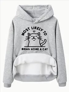 Women's Hooded Sweatshirt with Cute Cat Print, Fall & Winter Warm Casual Loose Long Sleeve Pullover, Ideal for Running and Outdoor Activities