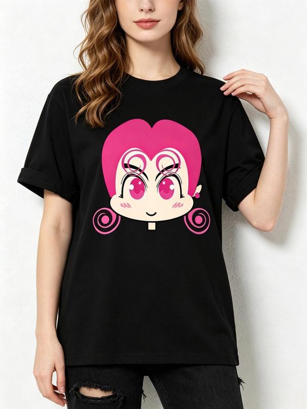 Women's Comfortable Fabric Y2K Kawaii Viral TikTok Black Crew Neck Short Sleeve Graphic T-Shirt - Chibi Print, Pink Heart Hair Swirl, Blush Cheek, Big Eyes, Soft Cotton, Lightweight, Fitted, Breathable Casual Tee