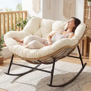 Rocking Chair with Cushion Indoor Outdoor, Oversized Padded Egg Rocking Chair, All-Weather Wicker Rattan Lounge Rocker, 450 lbs Capacity Glider for Living Room Balcony Porch, Beige