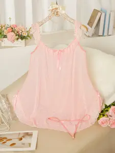 Women's Bow Decor Contrast Floral Lace  Pastel  Cami Nightdress & Cut Out Thong Sexy Soft Lightweight Lingerie Two-piece Set, Elegant Soft Ruffle Hem Sexy Lingerie Set for Women, Women Sexy Lingeries & Costumes