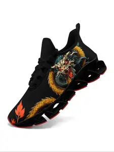 Men's Dragon Print Lace Up Low Top Sneakers, Casual Comfortable Breathable Sports Running Shoes, Gym Training Sport Walking Shoes, Casual Running Footwear