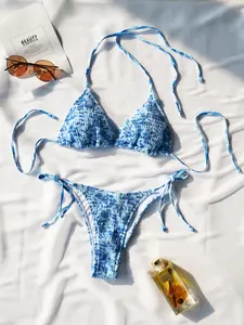 Women's All Over Print Shirred Triangle Halter Bikinis Set, Casual Tie Back Padded Swim Bra & Tie Side Swim Panty, Fashion Chic Ladies Bathing Suit for Beach Holiday Vacation