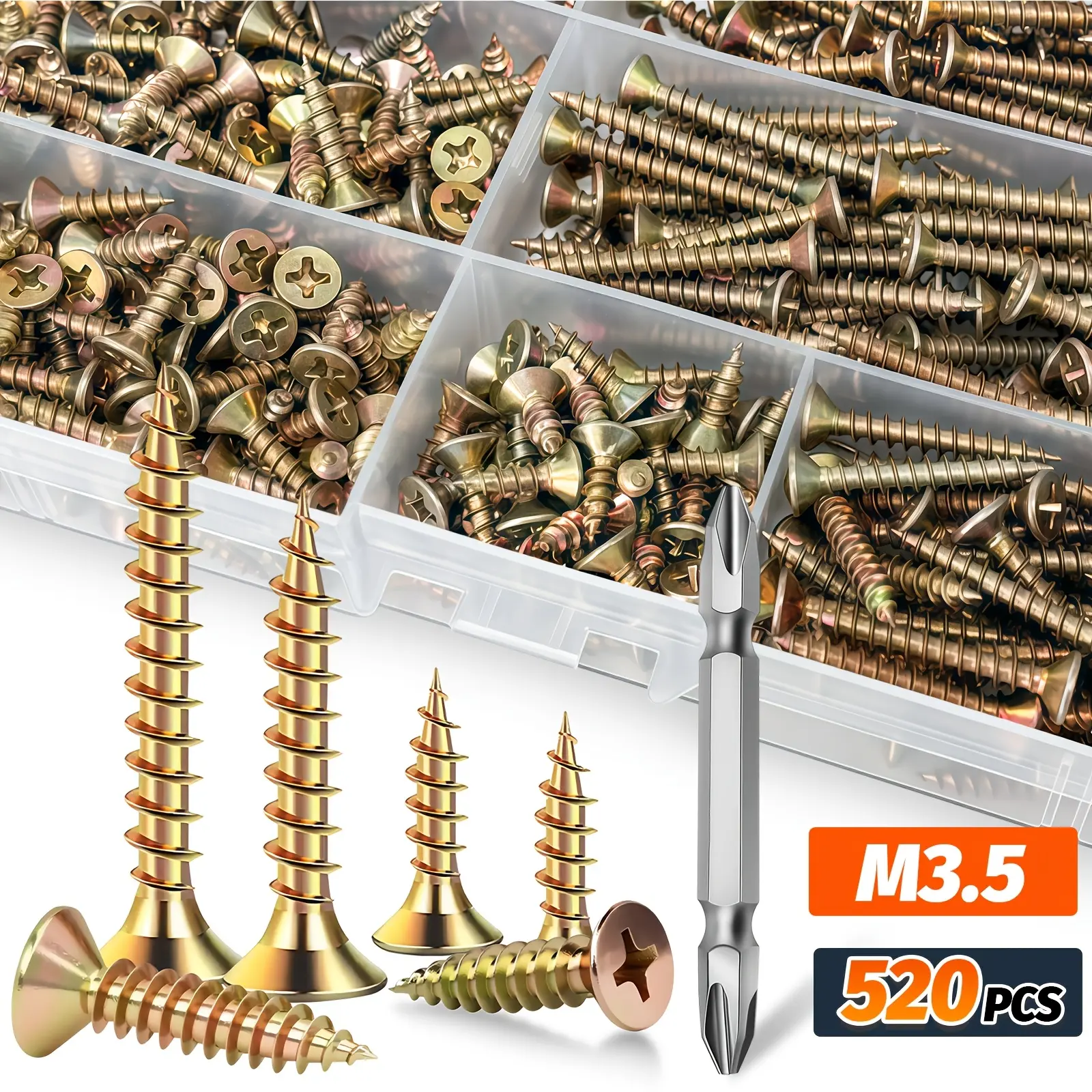 520Pcs Countersunk Cross Head Self-Tapping Screw Assortment, M3.5 Multi Sizes 12/14/16/20/25/30/35mm, Color Coded Design with Screwdriver Bit, Durable Fasteners for Household, Furniture & Industrial Use