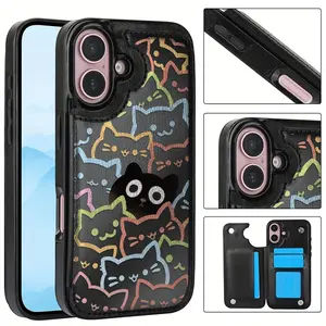Creative Colorful Cute Animated Kitten Pattern Leather Card Holder Phone Case, Suitable for iPhone 17 Air/16 Plus/15 Pro Max/14 Pro/13/12/11/XS Max/X Phone Case, Ideal Gift for Thanksgiving and Christmas for Family, Friends, Lovers, Boyfriend, Girlfriend