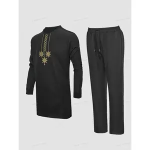 New Style White and Black 2-Piece African Dashiki Men's Suit - Long Sleeve Top, Shoulder Zipper, Round Neck, Embroidery, Hem Slit, Elastic Pants - Street Style, Party, Wedding Wear
