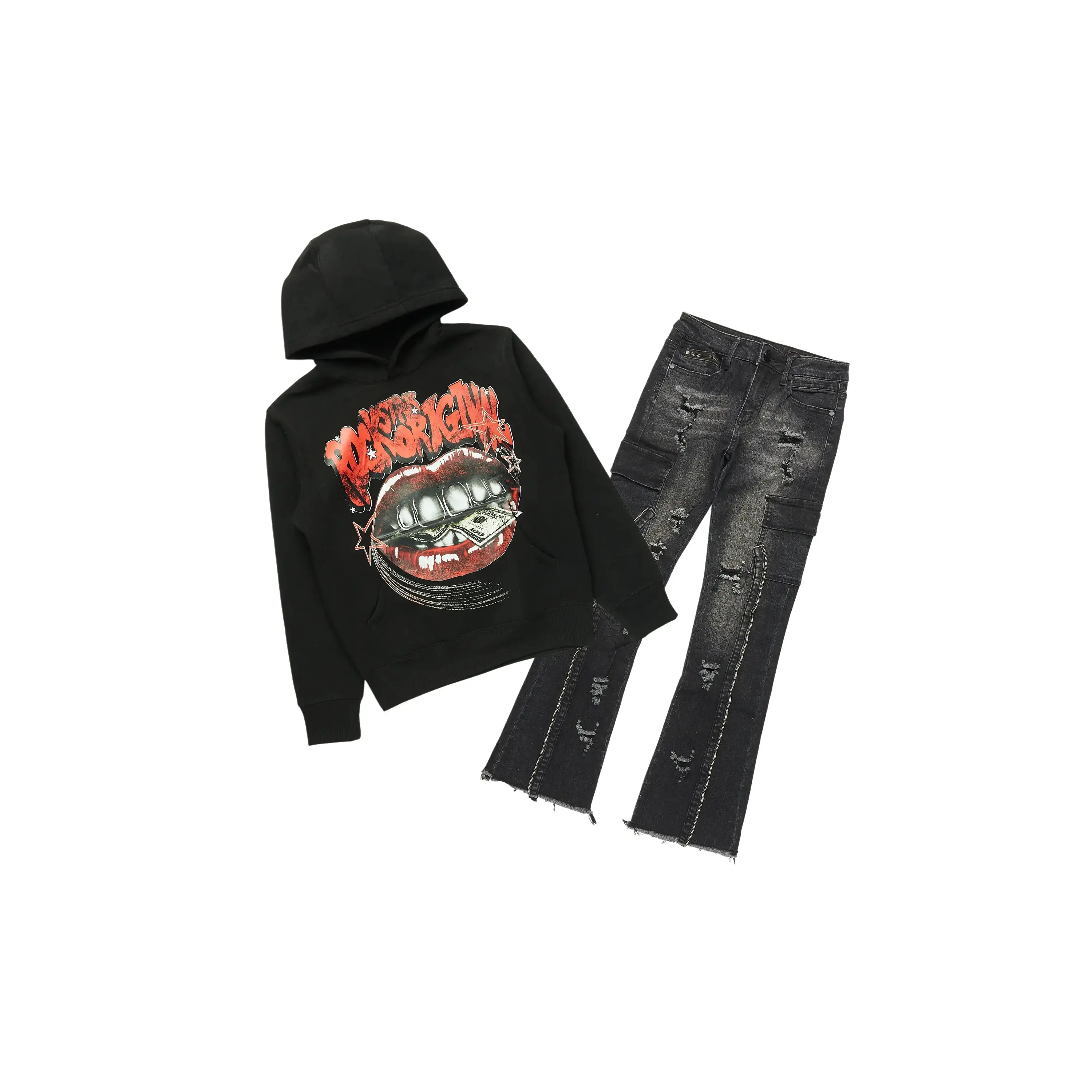 Boys Bloke Black Hoodie/Stacked Flare Jean Set