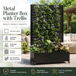 Elon 73 Inch Metal Raised Garden Bed Planter Box with Trellis and Wheels Mobile Privacy Screen for Climbing Plants Vegetables Urban Gardening Suburban Backyard Makeover Villa Courtyard Patio Decor Outdoor Balcony Oasis