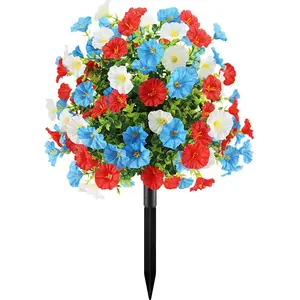 Red White & Blue Artificial Morning Glory Flower Balls, Outdoor Garden Floral Decor, American Tricolor Faux Flower Sphere with Yard Stake, Patriotic Holiday Decor Ornament