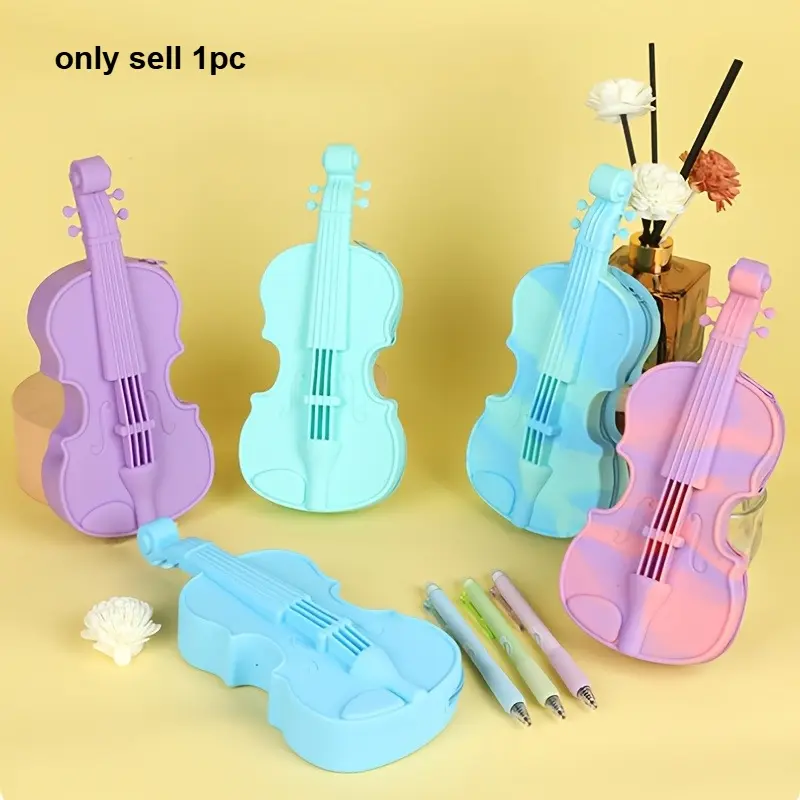 1pc Silicone Violin Pen Bag, Guitar Creative Pen Box Storage Decorative Gift, Cute Stationery Cosmetics Box, Silicone Zipper Pencil Bag, Silicone Makeup Pouch, Toiletry Cosmetic Pouch Organizer