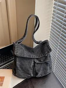 Vintage Versatile Multi-Pocket Denim Bag, Shoulder Crossbody Strap, Ideal for Daily Use, Work, Commuting, Stylish and Functional