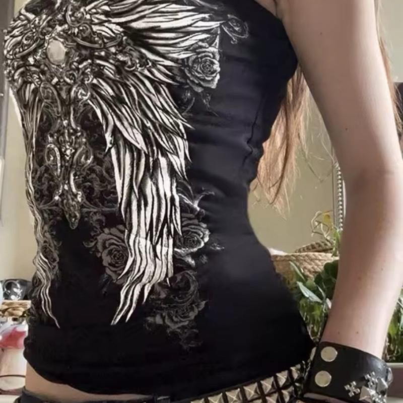 Gothic Black Tube Top Women's Strapless Cropped Tee Y2K Streetwear Summer Casual Chic Vest with Detailed Graphic Design